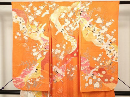 平和屋着物[]七五三　女の子　７歳　祝着　四つ身　駒刺繍　道長飛鶴花文　金彩　DABH5280ea