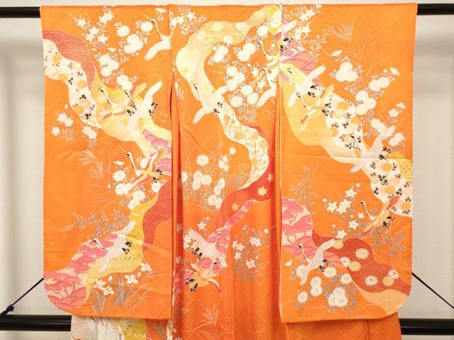 平和屋着物[]七五三　女の子　７歳　祝着　四つ身　駒刺繍　道長飛鶴花文　金彩　DABH5280ea
