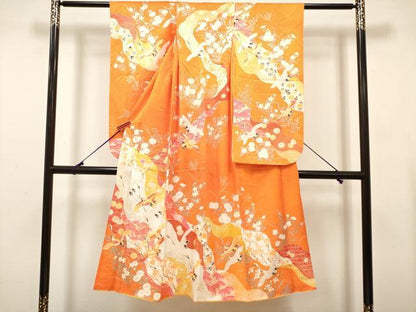 平和屋着物[]七五三　女の子　７歳　祝着　四つ身　駒刺繍　道長飛鶴花文　金彩　DABH5280ea