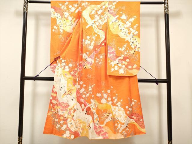 平和屋着物[]七五三　女の子　７歳　祝着　四つ身　駒刺繍　道長飛鶴花文　金彩　DABH5280ea