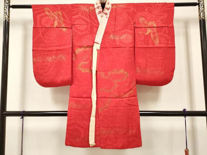 平和屋着物[]女の子　子供　長襦袢　袷　飛鶴　くす玉花地紋　猩々緋色　金彩　半衿刺繍　洗える着物　DABH5263ea