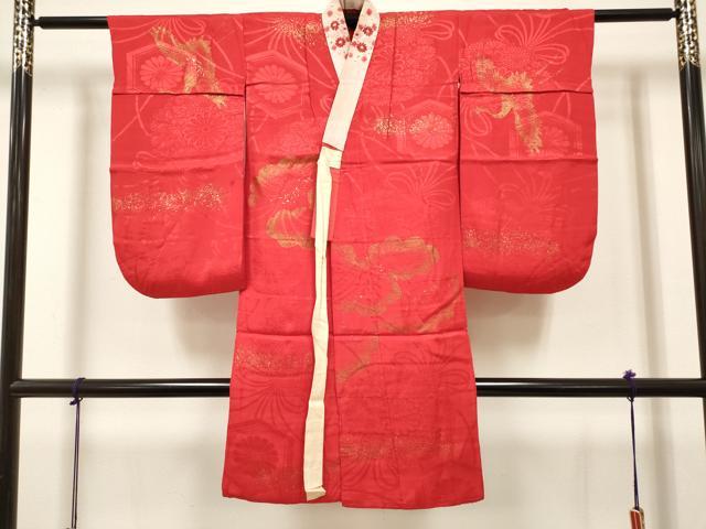 平和屋着物[]女の子　子供　長襦袢　袷　飛鶴　くす玉花地紋　猩々緋色　金彩　半衿刺繍　洗える着物　DABH5263ea