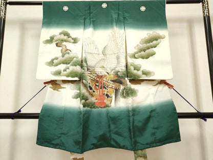 平和屋着物[]お宮参り　男の子　祝着　産着　初着　のしめ　刺繍　鷹　鷲　老松　几帳　暈し染め　金彩　逸品　DABH5288ea