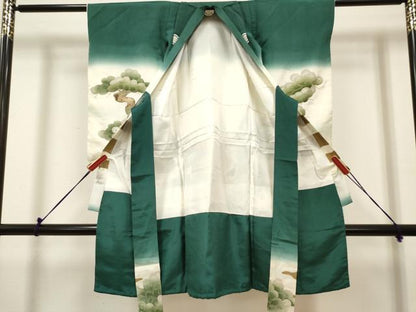 平和屋着物[]お宮参り　男の子　祝着　産着　初着　のしめ　刺繍　鷹　鷲　老松　几帳　暈し染め　金彩　逸品　DABH5288ea