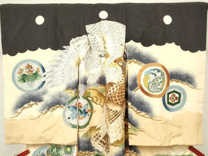 平和屋着物[]お宮参り　男の子　祝着　産着　初着　のしめ　駒刺繍　鷹　鷲　笠松　家紋散らし　逸品　DABH5296ea