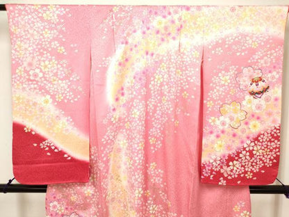 平和屋着物[]七五三　女の子　７歳　祝着　四つ身　駒刺繍　鞠舞桜文　暈し染め　金彩　逸品　DABH5356ea