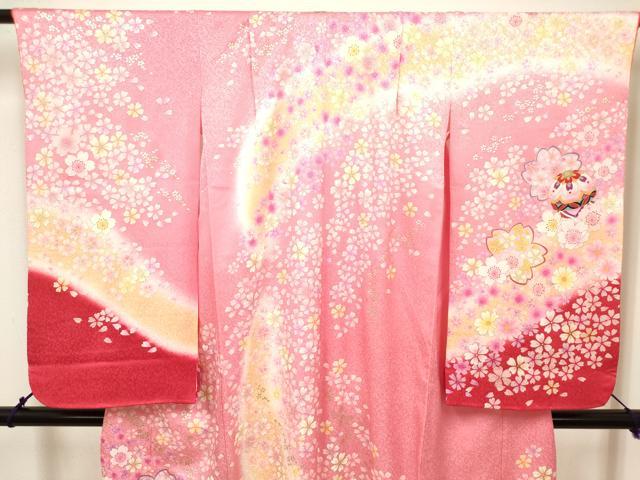 平和屋着物[]七五三　女の子　７歳　祝着　四つ身　駒刺繍　鞠舞桜文　暈し染め　金彩　逸品　DABH5356ea