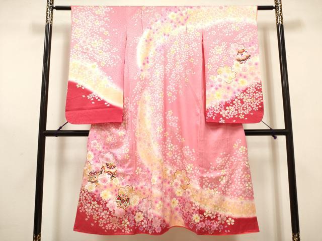 平和屋着物[]七五三　女の子　７歳　祝着　四つ身　駒刺繍　鞠舞桜文　暈し染め　金彩　逸品　DABH5356ea