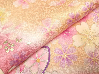 平和屋着物[]七五三　女の子　７歳　祝着　四つ身　駒刺繍　鞠舞桜文　暈し染め　金彩　逸品　DABH5356ea