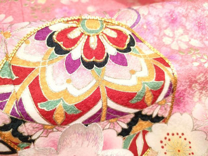 平和屋着物[]七五三　女の子　７歳　祝着　四つ身　駒刺繍　鞠舞桜文　暈し染め　金彩　逸品　DABH5356ea