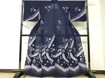 平和屋着物∴夏物　訪問着・浴衣兼用　有松鳴海絞り　絵羽浴衣　舞花文　綿　逸品　DABI3475cd