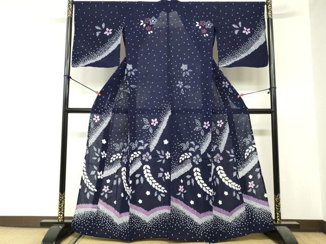 平和屋着物∴夏物　訪問着・浴衣兼用　有松鳴海絞り　絵羽浴衣　舞花文　綿　逸品　DABI3475cd