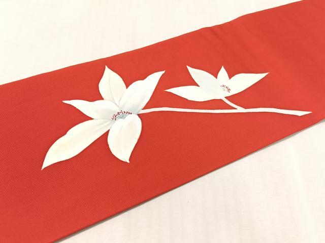 平和屋着物●塩瀬　九寸名古屋帯　手描き　枝花文　正絹　逸品　CABK4586vp