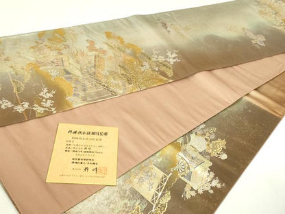 平和屋本店▼高級染元　粋峰　林芳夫　京加賀友禅　六通柄袋帯　風景文　絲綢箔　純金　冊子付き　正絹　逸品　DABI4617sf