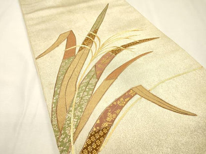 平和屋着物▼太鼓柄袋帯　駒刺繍　草葉文　金糸　正絹　逸品　DABH7837fe