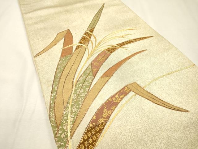 平和屋着物▼太鼓柄袋帯　駒刺繍　草葉文　金糸　正絹　逸品　DABH7837fe