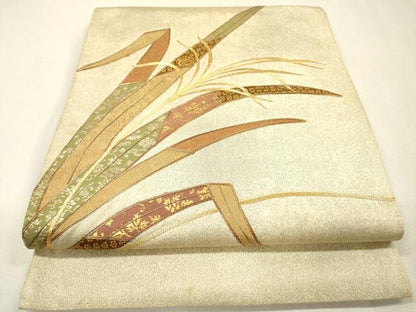 平和屋着物▼太鼓柄袋帯　駒刺繍　草葉文　金糸　正絹　逸品　DABH7837fe