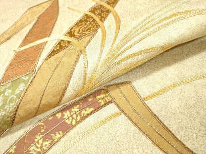 平和屋着物▼太鼓柄袋帯　駒刺繍　草葉文　金糸　正絹　逸品　DABH7837fe