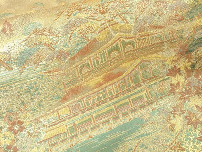 平和屋着物▼六通柄袋帯　金閣寺　古代はく　金糸　正絹　逸品　未使用　DABH7880fe