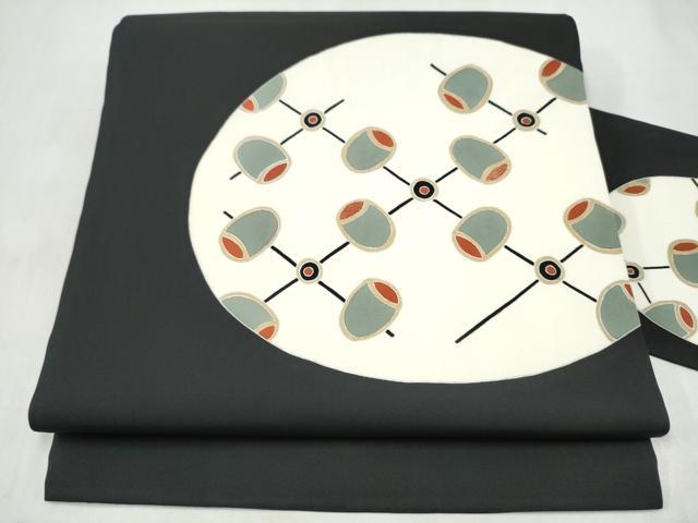 平和屋着物●塩瀬　九寸名古屋帯　刺繍　幾何学文様　黒地　金彩　正絹　逸品　CABK5694hy