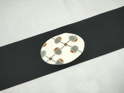 平和屋着物●塩瀬　九寸名古屋帯　刺繍　幾何学文様　黒地　金彩　正絹　逸品　CABK5694hy