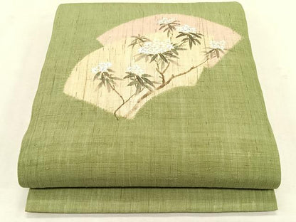 平和屋着物＊夏物　染色作家　桐山紫香　手描き　九寸開き名古屋帯　地紙重ね枝花文　金彩　麻　逸品　CABK1408fb