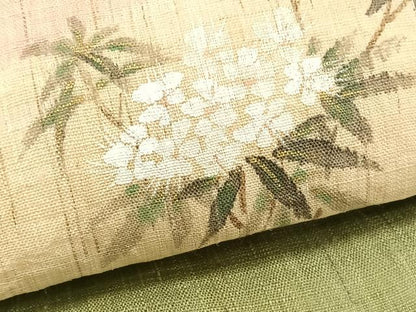 平和屋着物＊夏物　染色作家　桐山紫香　手描き　九寸開き名古屋帯　地紙重ね枝花文　金彩　麻　逸品　CABK1408fb