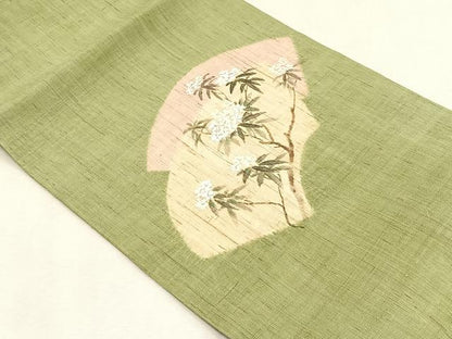 平和屋着物＊夏物　染色作家　桐山紫香　手描き　九寸開き名古屋帯　地紙重ね枝花文　金彩　麻　逸品　CABK1408fb