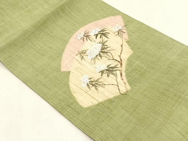 平和屋着物＊夏物　染色作家　桐山紫香　手描き　九寸開き名古屋帯　地紙重ね枝花文　金彩　麻　逸品　CABK1408fb