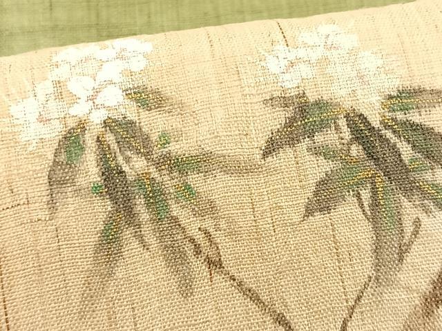 平和屋着物＊夏物　染色作家　桐山紫香　手描き　九寸開き名古屋帯　地紙重ね枝花文　金彩　麻　逸品　CABK1408fb
