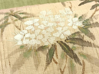 平和屋着物＊夏物　染色作家　桐山紫香　手描き　九寸開き名古屋帯　地紙重ね枝花文　金彩　麻　逸品　CABK1408fb