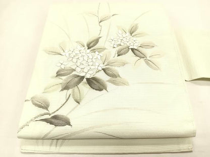 平和屋着物＊夏物　九寸名古屋帯　作家物　手描き　刺繍　紫陽花　銀彩　正絹　逸品　CABK1456fb