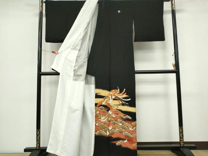 平和屋着物■豪華黒留袖　駒刺繍　鳳凰松文　暈し染め　金彩　正絹　逸品　CABK0894ou