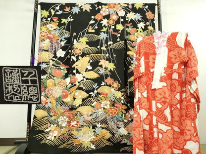 平和屋本店●極上　創業460年・千總　振袖・長襦袢(袷・半衿刺繍)　駒刺繍　立波吉祥花舟文　黒地　逸品　DZAB3420kh6