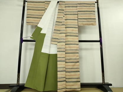 平和屋本店●極上　郡上紬　草木染　横縞　逸品　DZAB3090kh6
