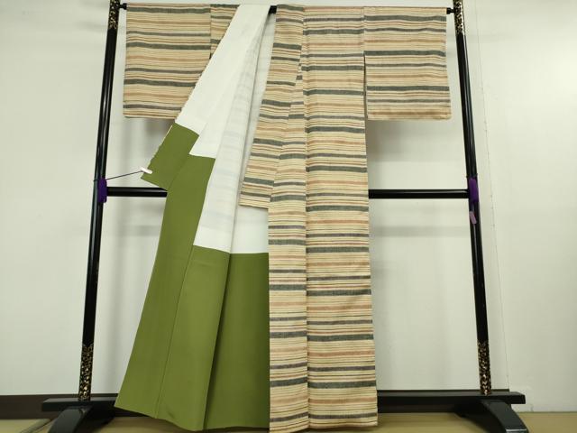 平和屋本店●極上　郡上紬　草木染　横縞　逸品　DZAB3090kh6