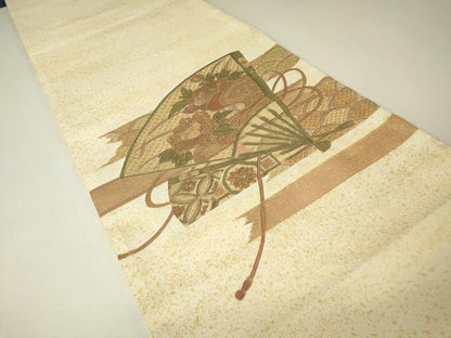 平和屋着物▼中国三大刺繍　スワトウ刺繍　汕頭刺繍　相良刺繍　太鼓柄袋帯　扇面花文　金彩　正絹　逸品　DABH6787az