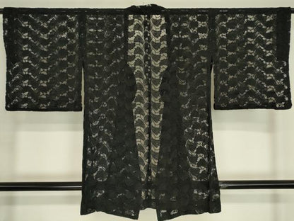 平和屋着物▽道行コート　スリーシーズン　春夏秋　塵除け　総レース　草花文　黒地　DABH6855az