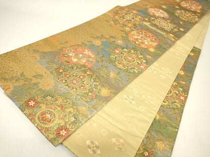 平和屋着物▼両面　六通柄袋帯　耀金　正倉院鳳凰花文　正絹　逸品　DABH6899az