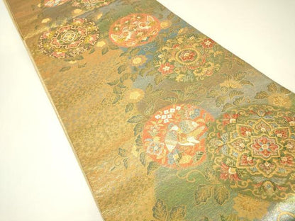 平和屋着物▼両面　六通柄袋帯　耀金　正倉院鳳凰花文　正絹　逸品　DABH6899az