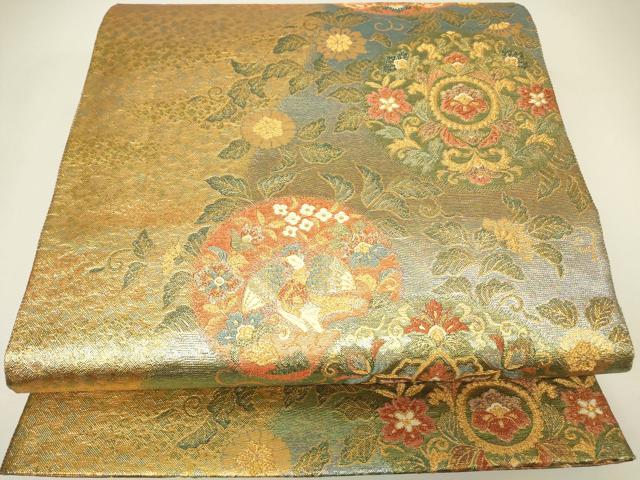 平和屋着物▼両面　六通柄袋帯　耀金　正倉院鳳凰花文　正絹　逸品　DABH6899az