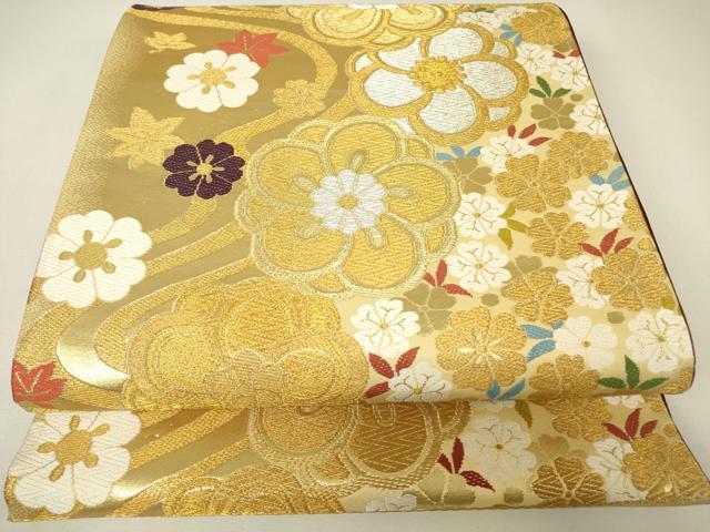 平和屋着物▼西陣　田中義織物謹製　六通柄袋帯　華　流水花文　金銀糸　証紙付き　正絹　逸品　未使用　DABH6923az