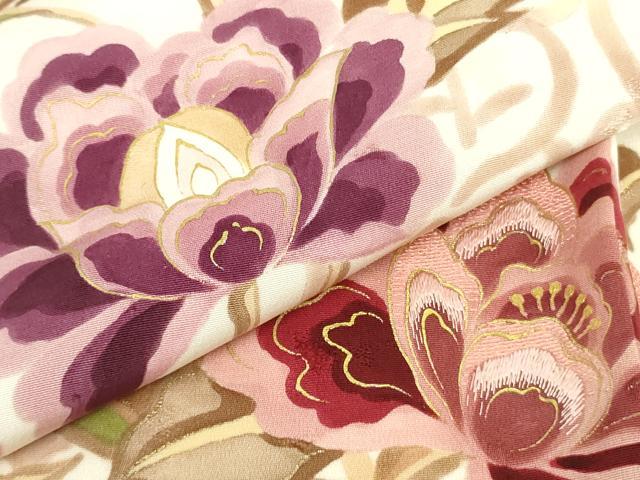 平和屋本店●極上 訪問着 高島屋上品会入選作品 刺繍 白地更紗牡丹 鎌倉ちりめん 鳥の子色地 金彩 高島屋扱い たとう紙付 逸品 DZAB4690kh6
