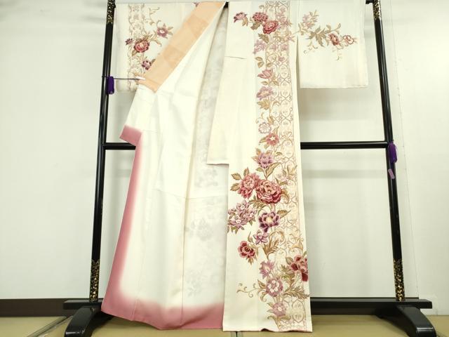 平和屋本店●極上 訪問着 高島屋上品会入選作品 刺繍 白地更紗牡丹 鎌倉ちりめん 鳥の子色地 金彩 高島屋扱い たとう紙付 逸品 DZAB4690kh6