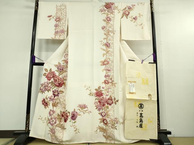 平和屋本店●極上 訪問着 高島屋上品会入選作品 刺繍 白地更紗牡丹 鎌倉ちりめん 鳥の子色地 金彩 高島屋扱い たとう紙付 逸品 DZAB4690kh6