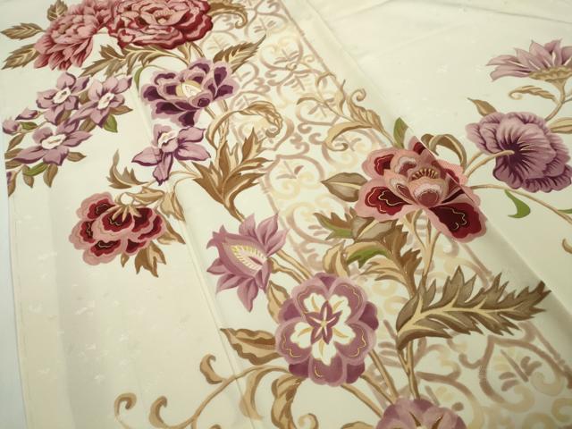 平和屋本店●極上 訪問着 高島屋上品会入選作品 刺繍 白地更紗牡丹 鎌倉ちりめん 鳥の子色地 金彩 高島屋扱い たとう紙付 逸品 DZAB4690kh6