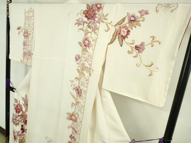 平和屋本店●極上 訪問着 高島屋上品会入選作品 刺繍 白地更紗牡丹 鎌倉ちりめん 鳥の子色地 金彩 高島屋扱い たとう紙付 逸品 DZAB4690kh6