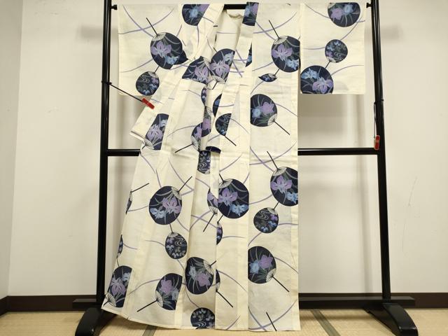 平和屋着物∴夏物　浴衣　注染　手縫い　団扇　綿　逸品　DABI8577cd