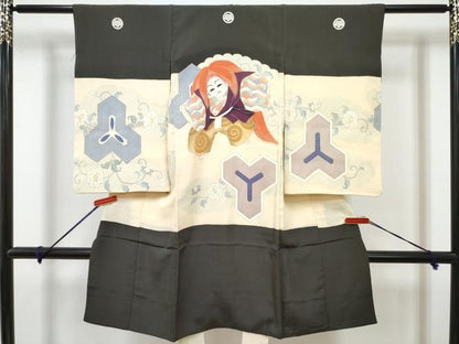 平和屋着物[]七五三　男の子　祝着・長襦袢(袷)セット　手描き　歌舞伎　雲取り毘沙門亀甲花文　金彩　逸品　DABG3228ma