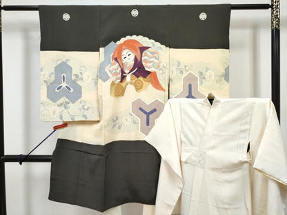 平和屋着物[]七五三　男の子　祝着・長襦袢(袷)セット　手描き　歌舞伎　雲取り毘沙門亀甲花文　金彩　逸品　DABG3228ma